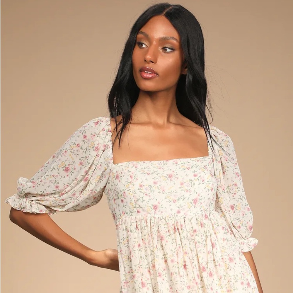 Lulus Sweet Daydreams White Floral Print Puff Sleeve Mini Dress